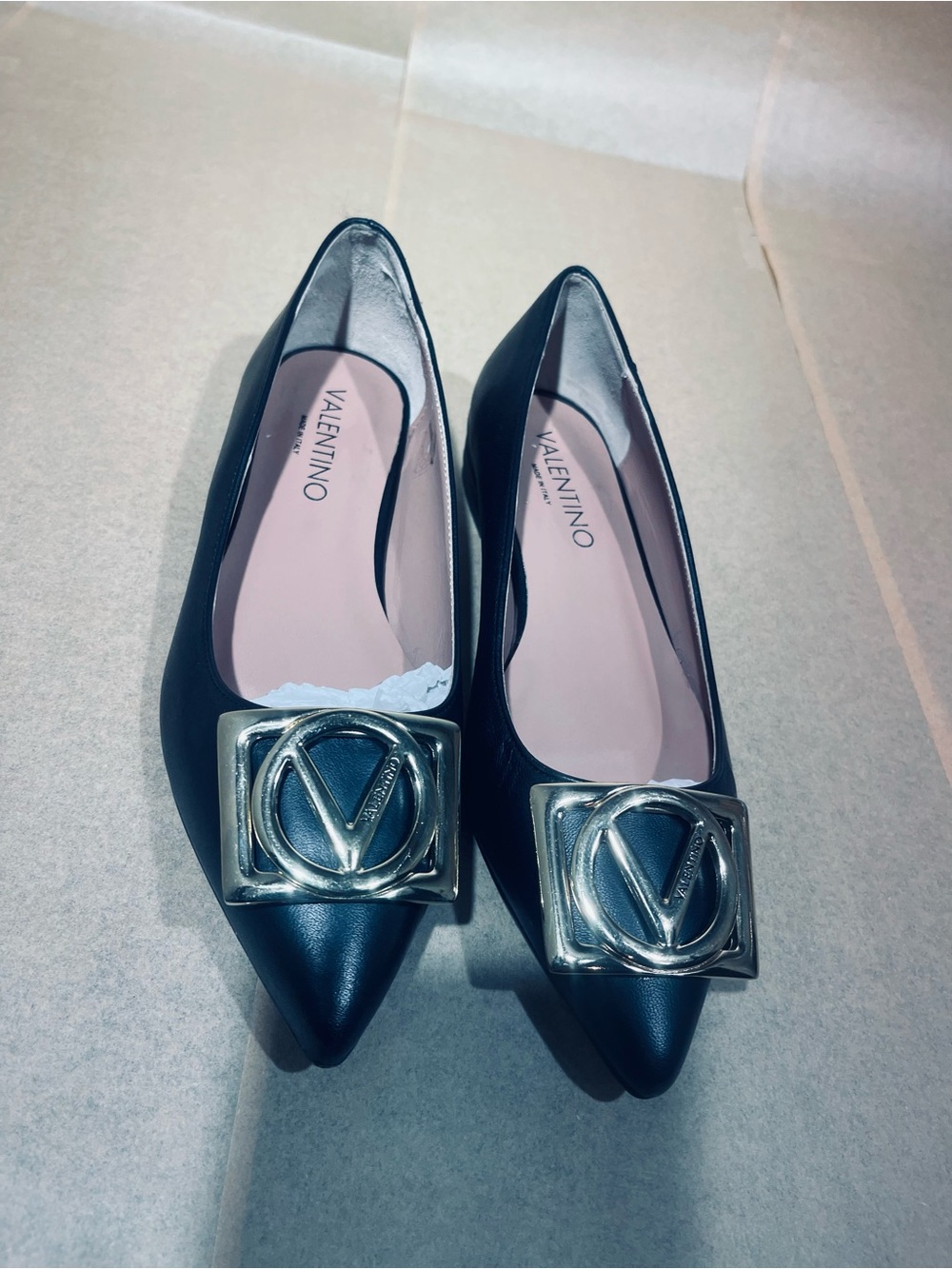 Valentino Black Pointed Leather Flats with Silver V Emblem